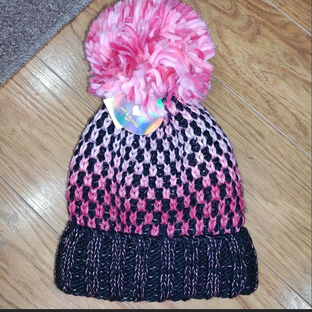 The Children's Place Pink and Black Pom-Pom Hat